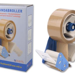 Rheita Abroller für Packbänder inklusiv 1 Rolle Packband braun 50 mm x 66 Meter, Metall
