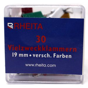 Rheita Foldback-Klammern 19 mm, farblich sortiert, 30 Stück in Klarsichtbox