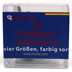 Rheita Foldback-Klammern diverse Größen und farblich sortiert, 12 Stück in Klarsichtbox