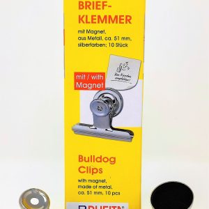 Rheita Briefklemmer aus Metall mit Magnet, ca. 51 x 10,7 mm, silber, 10 Stück in Hängeschachtel