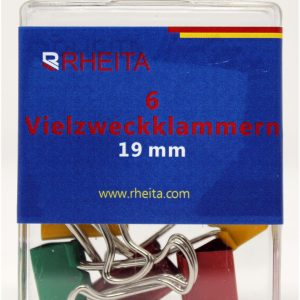 Rheita Foldback-Klammern 19 mm, farblich sortiert, 6 Stück in Klarsichtbox