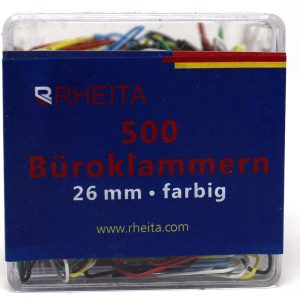 Rheita Büroklammern, 26 mm, farblich sortiert,  500 Stück in Klarsichtbox