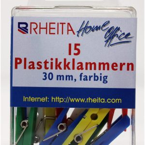 Rheita Plastikklammern 30 mm, farblich sortiert, 15 Stück in Klarsichtbox