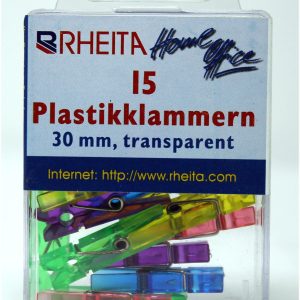 Rheita Plastikklammern 30 mm, farblich transparent sortiert, 15 Stück in Klarsichtbox