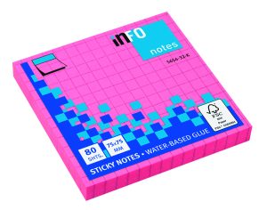 Haftnotizen Brillantfarben, 80 Blatt pro Block, 12 Blöcke pro Pack, Grauer Karodruck, 75 x 75 mm, brilliantpink