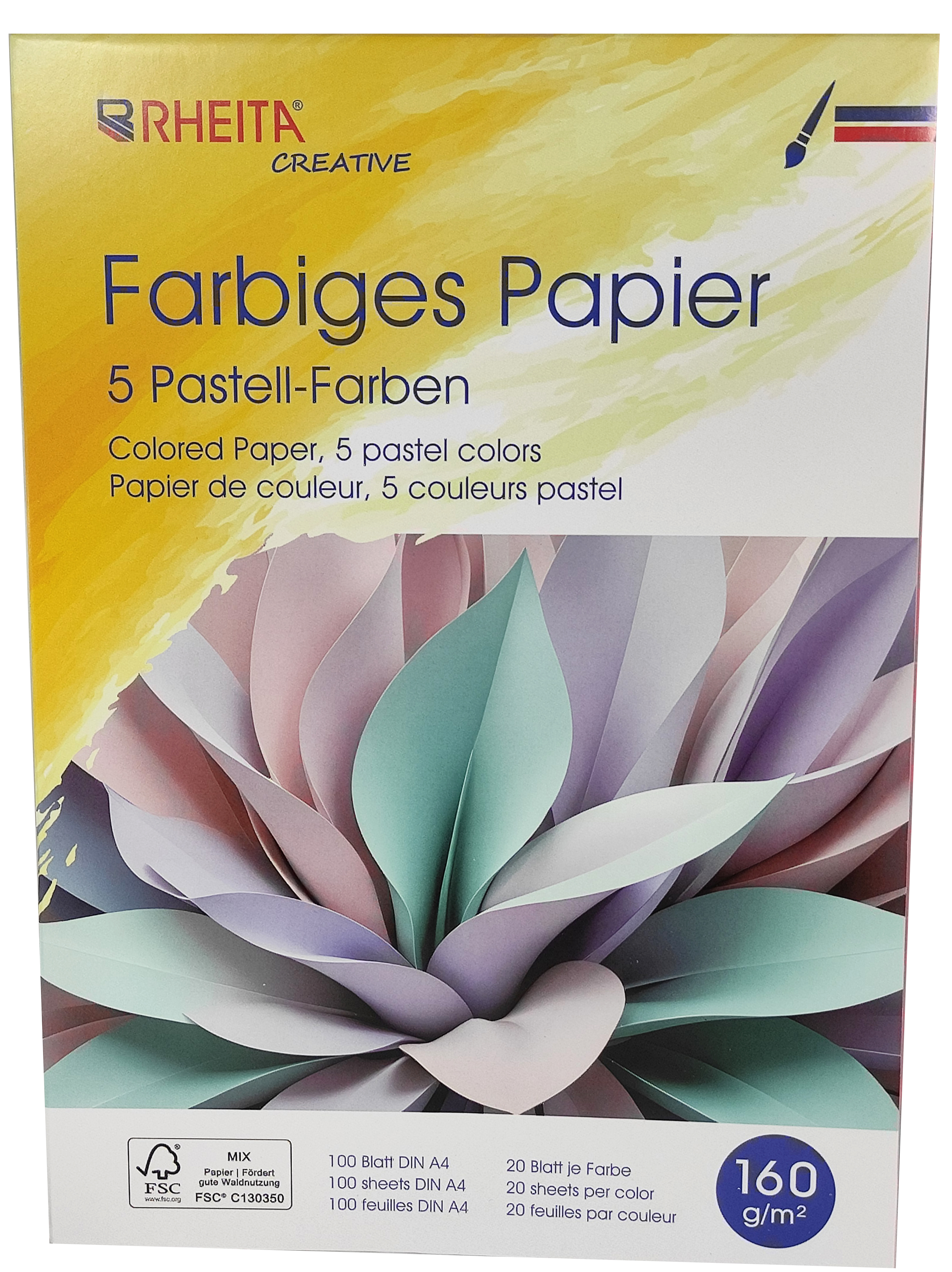 RHEITA Farbiges Universalpapier 100 Blatt, 160g/m², FSC-Mix, 5 x Pastellfarben