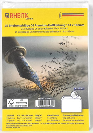 RHEITA Premium Briefumschlag C6, 114 x 162mm, ohne Fenster, weiß, FSC 80g, haftklebend, 25 Stück