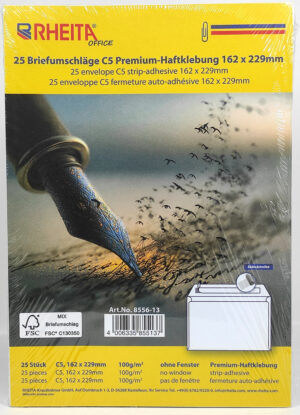 RHEITA Premium Briefumschlag C5, 162 x 229mm, ohne Fenster, weiß, FSC 100g, haftklebend, 25 Stück