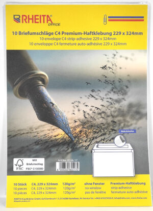 RHEITA Premium Briefumschlag C4, 229 x 324mm, ohne Fenster, weiß, FSC 120g, haftklebend, 10 Stück