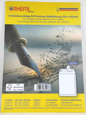 RHEITA Premium Briefumschlag B4, 250 x 353mm, ohne Fenster, weiß, FSC 120g, haftklebend, 10 Stück