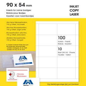 Rheita Einsteckkarten für Namensschilder, 100 Stück auf 10 Bögen DIN A 4 mit je 10 Karten, 90 x 54 mm