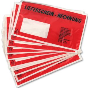 Rheita Begleitpapiertaschen aus PE, rot, DL mit Aufdruck  selbstklebend, 100 Stück im Polybeutel